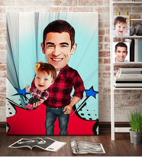 BK Gift Kişiye Özel Baba Kız Karikatür Kanvas Tablo 70x100cm 2