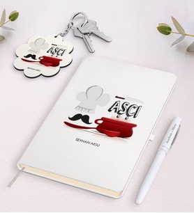BK Gift Kişiye Özel Aşçı Beyaz Defter Kalem Ve Anahtarlık Hediye Seti-2 (Model 1)