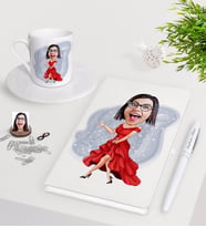 BK Gift Kişiye Özel Bayan Manken Karikatürlü Beyaz Defter Kalem Türk Kahvesi Fincanı Seti-1 (Model 1)