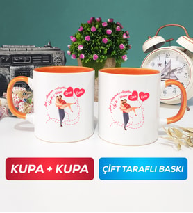 İkili Sevgiliye Sevgililer Günü Hediyesi 2 Kupa Bardak Turuncu