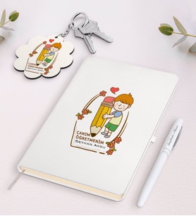 BK Gift Kişiye Özel Canım Öğretmenim Beyaz Defter Kalem Ve Anahtarlık Hediye Seti-4 (Model 1)