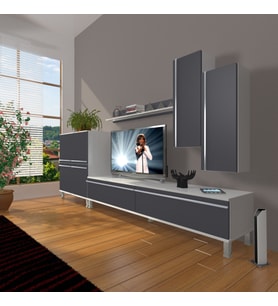 Decoraktiv Eko 6 Mdf Std Krom Ayaklı Tv Ünitesi Tv Sehpası (Beyaz - Antrasit)