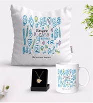 BK Gift Kişiye Özel Dünyanın En İyi Öğretmeni Beyaz Kupa Yastık ve İsimli Papatya Kolye Hediye Seti-15 (Model 1)