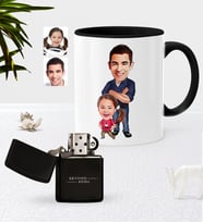 BK Gift Kişiye Özel Baba Kız Karikatürlü Siyah Kupa Bardak Benzinli Çakmak Seti-1 (Model 1)