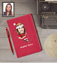 Kişiye Özel Yılbaşı Bayan Karikatürlü Kırmızı Defter Kalem Hediye Seti Model-9