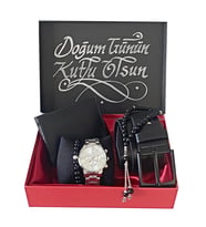Erkek Metal Kol Saati Siyah Kemer-Cüzdan-Tesbih-Bileklik Hediye Seti