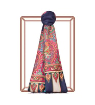 İpekevi Lacivert Çerçeve Paisley Desenli İpek Şal