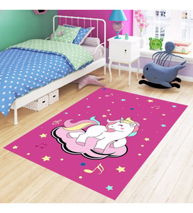 Bulut Üstünde Unicorn Desenli Dijital Baskılı Kaymaz Taban Çocuk Odası Halısı (Pembe)