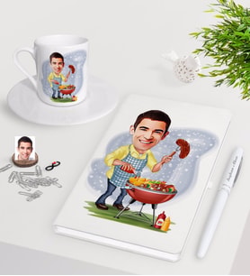 BK Gift Kişiye Özel Erkek Mangalcı Karikatürlü Beyaz Defter Kalem Türk Kahvesi Fincanı Seti-1 (Model 1)