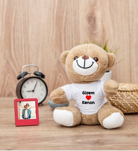 Sevgililere Özel İsim Yazılı Peluş Ayıcık ve Mini Fotoğraf Çerçevesi