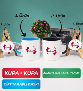 İkili Mavi Siyah İsme Özel Sevgililer Günü Hediyesi Kupa Bardak Anahtarlık