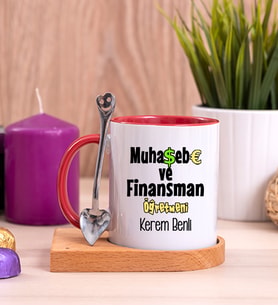 Muhasebe ve Finansman Öğretmeni Ahşap Altlıklı Kırmızı Kupa Bardak
