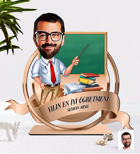 BK Gift Kişiye Özel Yılın En İyi Erkek Öğretmeni Karikatürlü 3D Ahşap Biblo Plaket-8 (Beyaz)