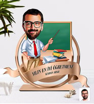 BK Gift Kişiye Özel Yılın En İyi Erkek Öğretmeni Karikatürlü 3D Ahşap Biblo Plaket-8 (Beyaz)