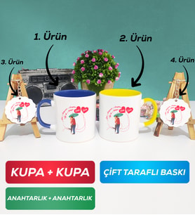 İkili Lacivert Sarı Sevgiliye Sevgililer Günü Hediyesi 3 Kupa Bardak Anahtarlık