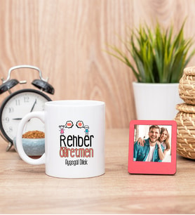 Rehber Öğretmen Beyaz Kupa Bardak ve Kırmızı Mini Fotoğraf Çerçevesi