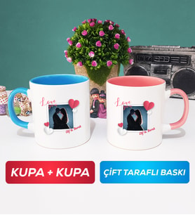 İkili Sevgiliye Sevgililer Günü Hediyesi 7 Kupa Bardak Mavi Pembe