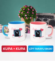İkili Sevgiliye Sevgililer Günü Hediyesi 7 Kupa Bardak Mavi Pembe