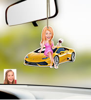 BK Gift Kişiye Özel Bayan Lamborghini Karikatürlü Ahşap Araba Dikiz Ayna Süsü (Beyaz)