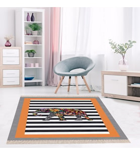 Fil Desenli Etnik Dijital Baskı Yıkanabilir Modern Salon Filli Halı ve Yolluk (Turuncu) (Siyah - Turuncu)