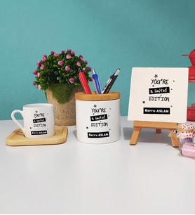 You Are A Limited Edition Ahşap Altlıklı Türk Kahvesi Fincanı Kalemlik Dekoratif Taş Baskı Hediye Seti