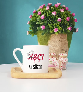 Aşçı Tasarımlı Kişiye Özel Hediye Aşçı Ahşap Altlıklı Türk Kahvesi Fincanı