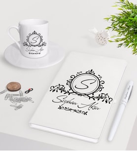 BK Gift Kişiye Özel İsimli Beyaz Defter Kalem Türk Kahvesi Fincanı Seti-11 (Model 1)