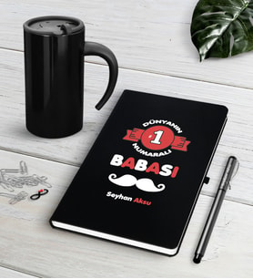 BK Gift Kişiye Özel Dünyanın 1 Numaralı Babası Siyah Defter Kalem Termos Mug Seti (Model 1)