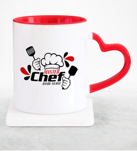 BK Gift Kişiye Özel Chef Kırmızı Kalpli Kupa Bardak  3