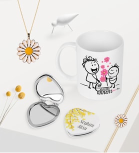 BK Gift Kişiye Özel Canım Annem Kupa Kalp Ayna Papatya Kolye Bileklik Seti - 17 (Model 1)