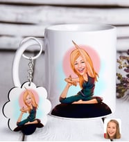 BK Gift Kişiye Özel Bayan Yoga Karikatürlü Beyaz Kupa ve Anahtarlık Hediye Seti-2 (Model 1)