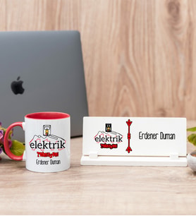 Elektrik Teknisyeni Kırmızı Kupa Bardak Ve Masa İsimliği Hediye Seti