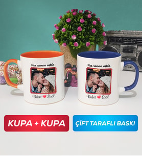 İkili Sevgiliye Sevgililer Günü Hediyesi 9 Kupa Bardak Turuncu Lacivert