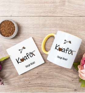 Erkek Kuaförü Sarı Kupa Bardak Ve Bardak Altlığı Seti