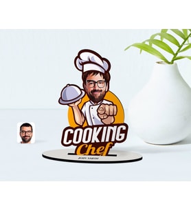 BK Gift Kişiye Özel Erkek Chef Karikatürlü Ahşap Biblo Model-15 (Beyaz)