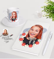 BK Gift Kişiye Özel Bayan Karikatürlü Beyaz Defter Kalem Türk Kahvesi Fincanı Seti-51 (Model 1)