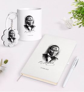 BK Gift Kişiye Özel Atatürk Temalı Kupa Anahtarlık Beyaz Defter Kalem Hediye Seti-14 (Model 1)