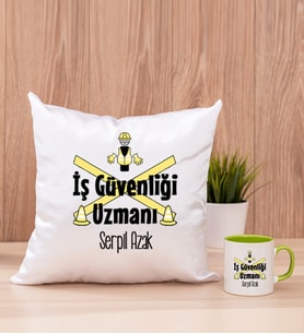 İş Güvenliği Uzmanı Kare Yastık ve Yeşil Kupa Bardak