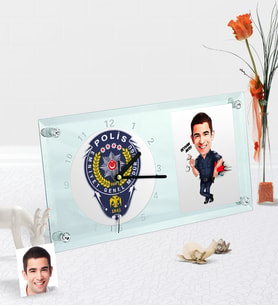 BK Gift Kişiye Özel Bay Polis Karikatürlü Masaüstü Cam Saat - 2 (Beyaz)
