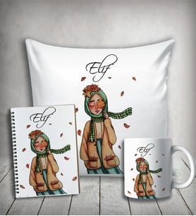 Kişiye Özel Tesettürlü Kız Karakter Yastık & Kupa & Defter
