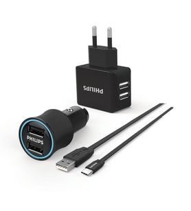 Philips DLP2553EC 3in1 - Araç İçi Şarj Cihazı & Duvar Şarj Cihazı & Type-C Kablo Combo Set