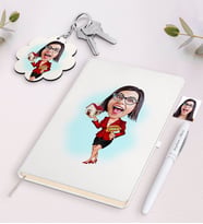 BK Gift Kişiye Özel Kadın Emlakçı Karikatürlü Beyaz Defter Kalem ve Anahtarlık Hediye Seti-2 (Model 1)