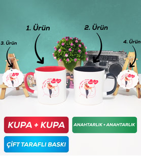 İkili Kırmızı Siyah Sevgiliye Sevgililer Günü Hediyesi 2 Kupa Bardak Anahtarlık