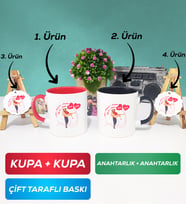 İkili Kırmızı Siyah Sevgiliye Sevgililer Günü Hediyesi 2 Kupa Bardak Anahtarlık