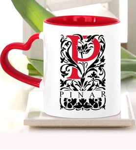 BK Gift Kişiye Özel P Harfi Kırmızı Kalpli Kupa Bardak Model 2