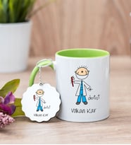 Erkek Diş Hekimi Karikatürü Yeşil Kupa Bardak Ve Anahtarlık Set