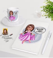 BK Gift Kişiye Özel Kız Çocuk Kolay Yetişmiyor Karikatürlü Beyaz Defter Kalem Türk Kahvesi Fincanı Seti-4 (Model 1)