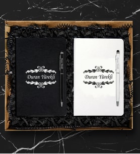 Kişiye Özel Siyah ve Beyaz Defter Kalem Hediye Seti