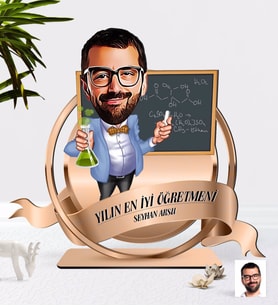 BK Gift Kişiye Özel Yılın En İyi Erkek Öğretmeni Karikatürlü 3D Ahşap Biblo Plaket-4 (Beyaz)