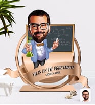 BK Gift Kişiye Özel Yılın En İyi Erkek Öğretmeni Karikatürlü 3D Ahşap Biblo Plaket-4 (Beyaz)